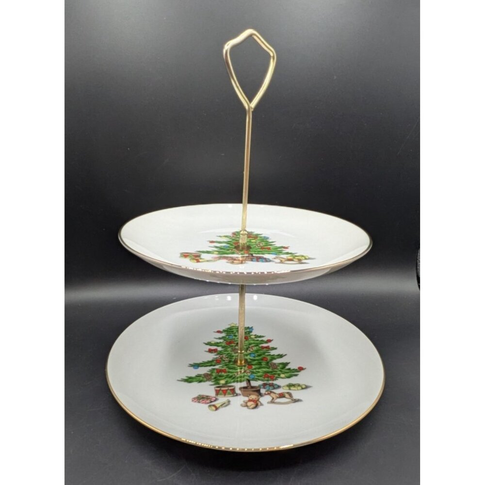Vintage 2 Tier Christmas Dessert Tray Serving Plate Holiday Hostess Japan 10.5"